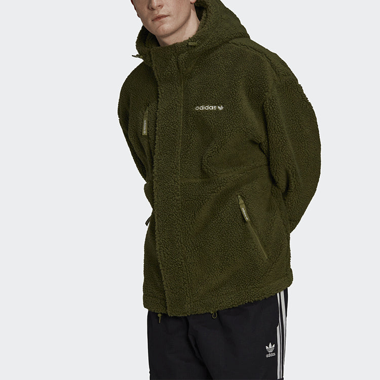 Men's adidas originals Polar Fleece Wb Logo Embroidered Sports Hooded Jacket Dark Olive Green HN0389