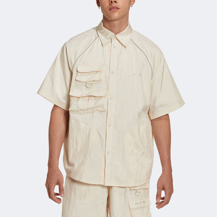 Men's adidas originals Solid Color Single Breasted Short Sleeve Beige Shirt HK2734