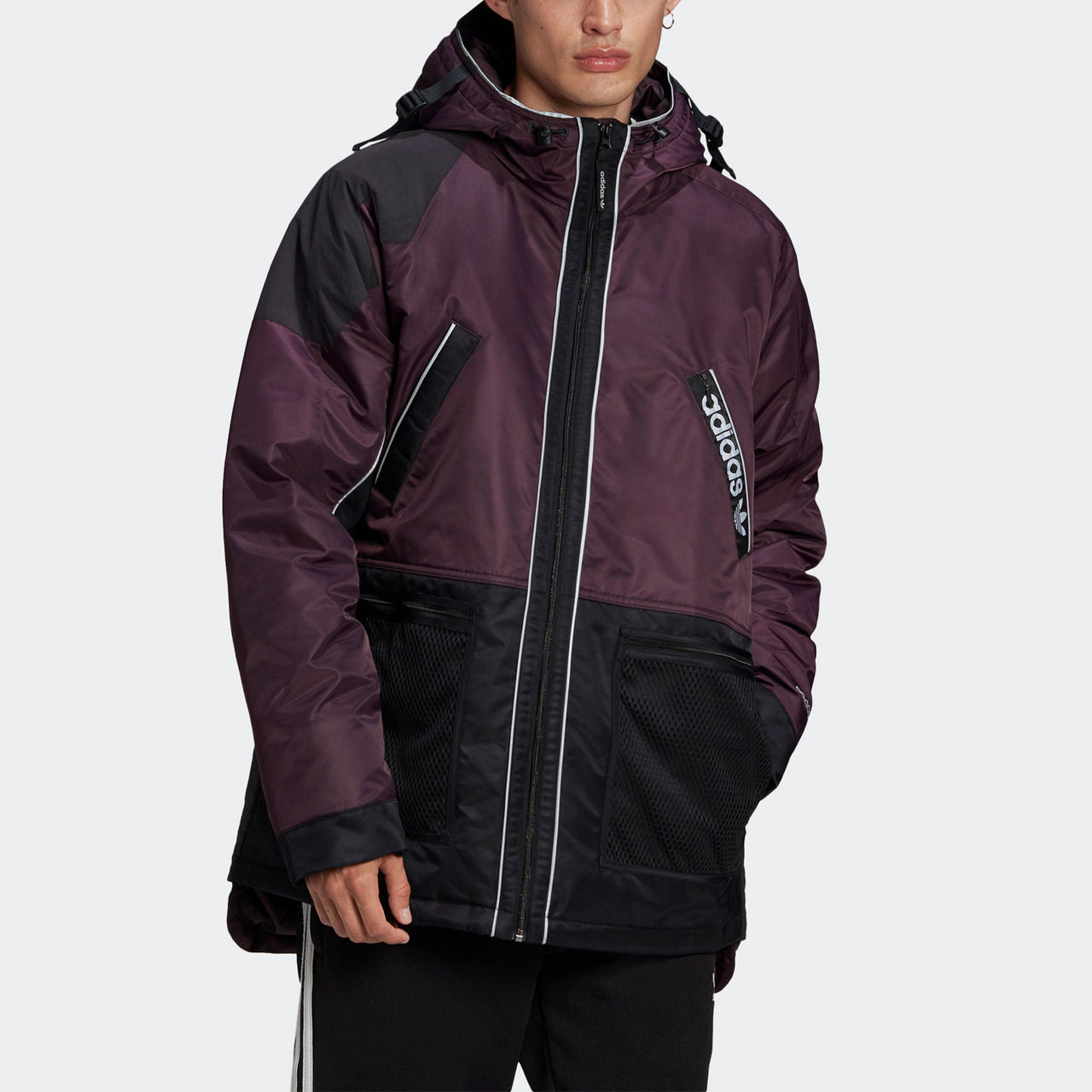 Men's adidas originals Colorblock Hooded Down Jacket Bright Pink Red Fluorescence GJ6740