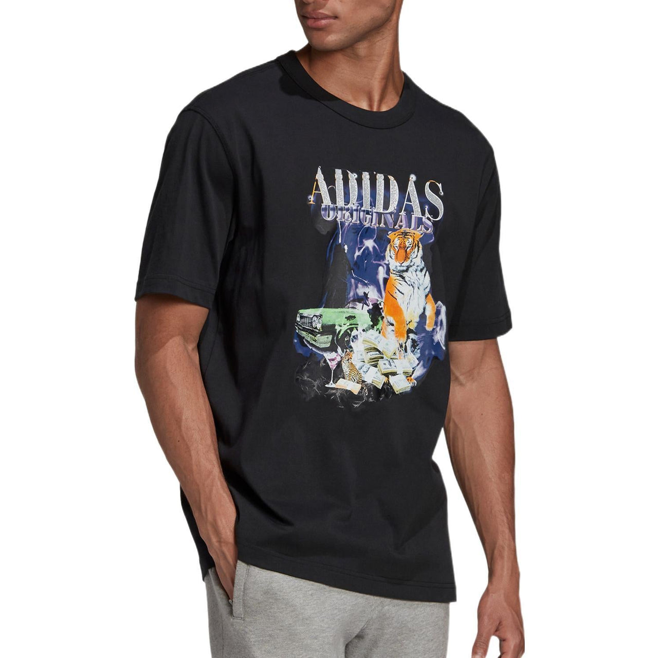 Men's adidas originals TIGER Pattern Printing Round Neck Pullover Short Sleeve Black T-Shirt GD9325