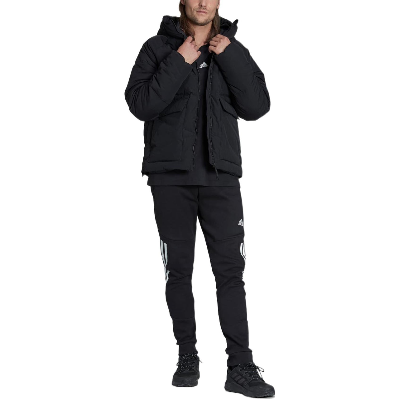 adidas Solid Color Zipper Hooded Long Sleeves Down Jacket Men's Black HN9930