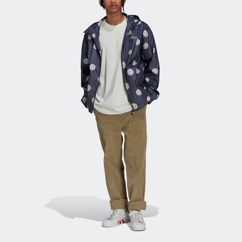 Men's adidas originals Smiling Face Full Print Casual Hooded Track Jacket Deep Navy Blue HN0394