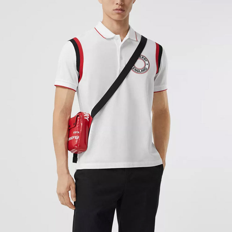 Men's Burberry Logo Pattern Intarsia Mesh Cotton Short Sleeve Polo Shirt White 80370491