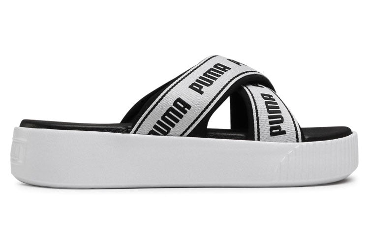 (WMNS) PUMA Platform Slide Tape Slippers For Black/White 380677-01