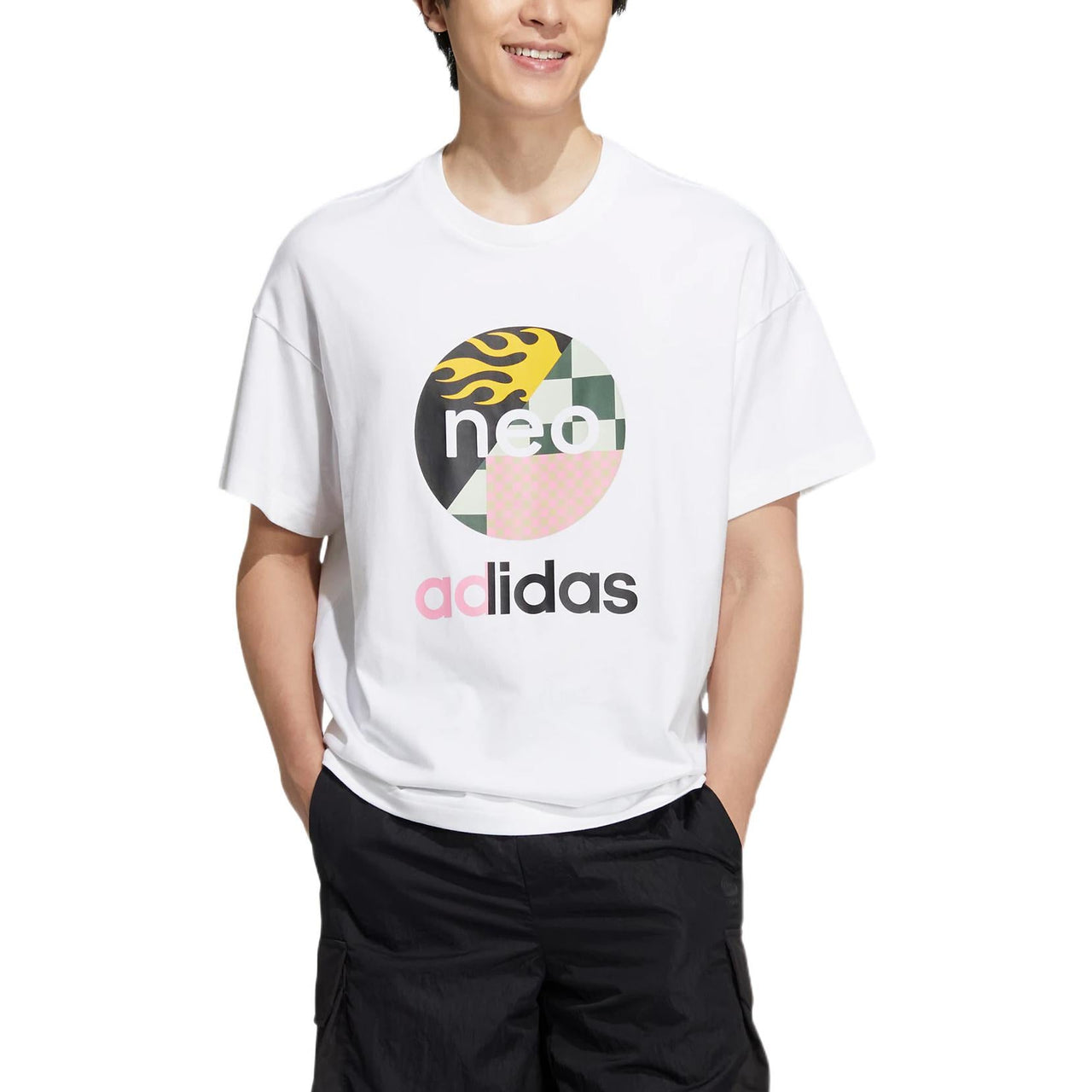 adidas neo U Vbe Tee 1 Logo Printing Pattern Round Neck Cotton Short Sleeve White T-Shirt HN4742