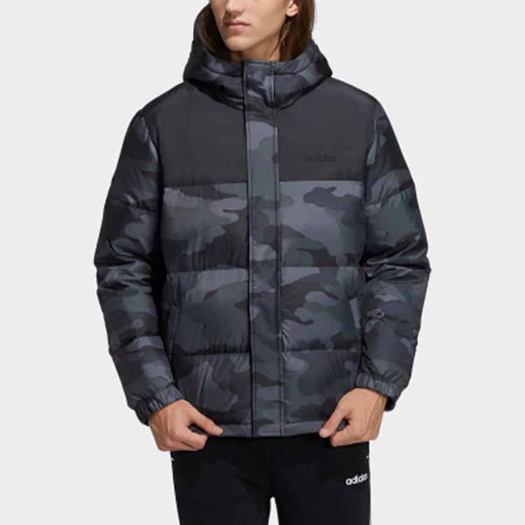 adidas neo Zipper Cardigan Short Camouflage hooded down Jacket Black H45239