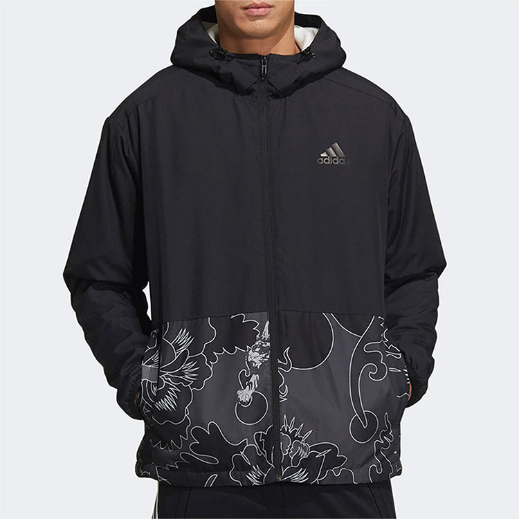 adidas Aop Block Colorblock Windproof Fleece Lined Stay Warm Hooded Jacket Black GT6484