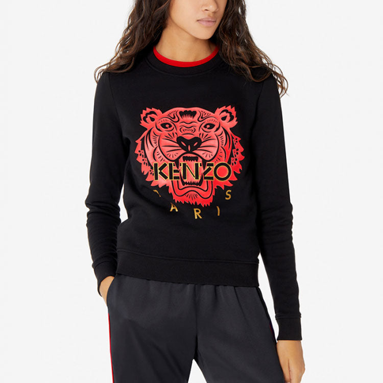 (WMNS) KENZO Tiger Head Cozy Round Neck Long Sleeves Hoodie Black FA52SW7054Z5-99