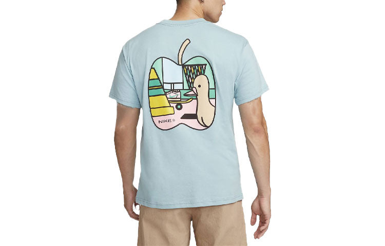 Men's Nike SS22 Back Cartoon Pattern Round Neck Short Sleeve Sky Blue T-Shirt DR7762-494