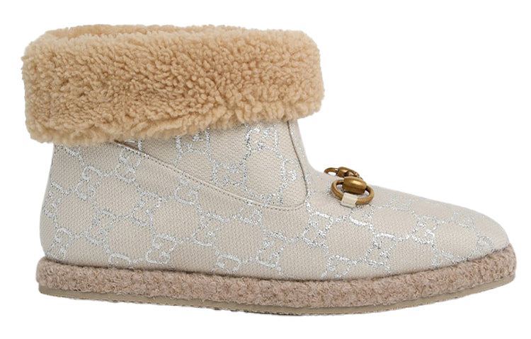 (WMNS) Gucci Canvas Wool Lame GG Monogram Fria Horsebit Ankle Boots 'Gardenia Silver' 629086-2C810-9152