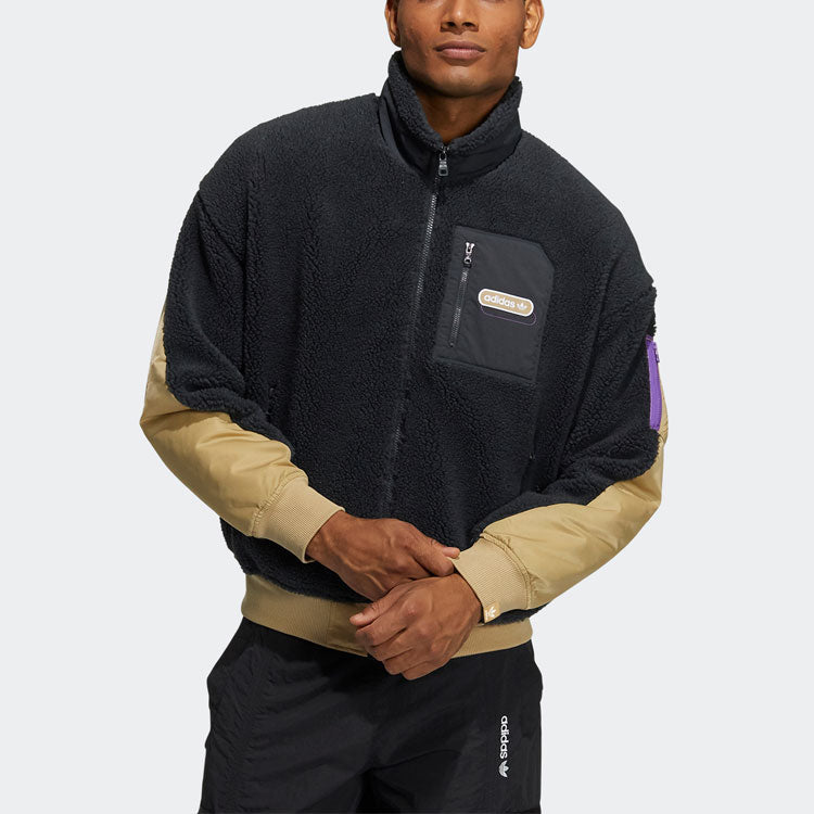 Men's adidas originals Mr Sherpa Jkt Suede Splicing Stand Collar Logo Sports Jacket Black HC0374