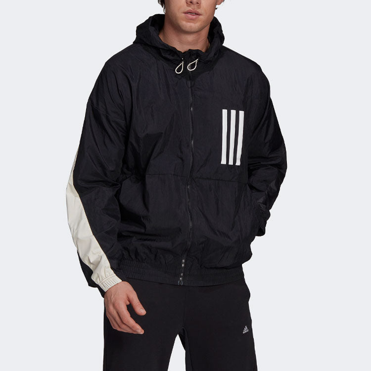 Men's adidas Wnd Mother Contrasting Colors Windproof Hooded Logo Jacket Black GT9769