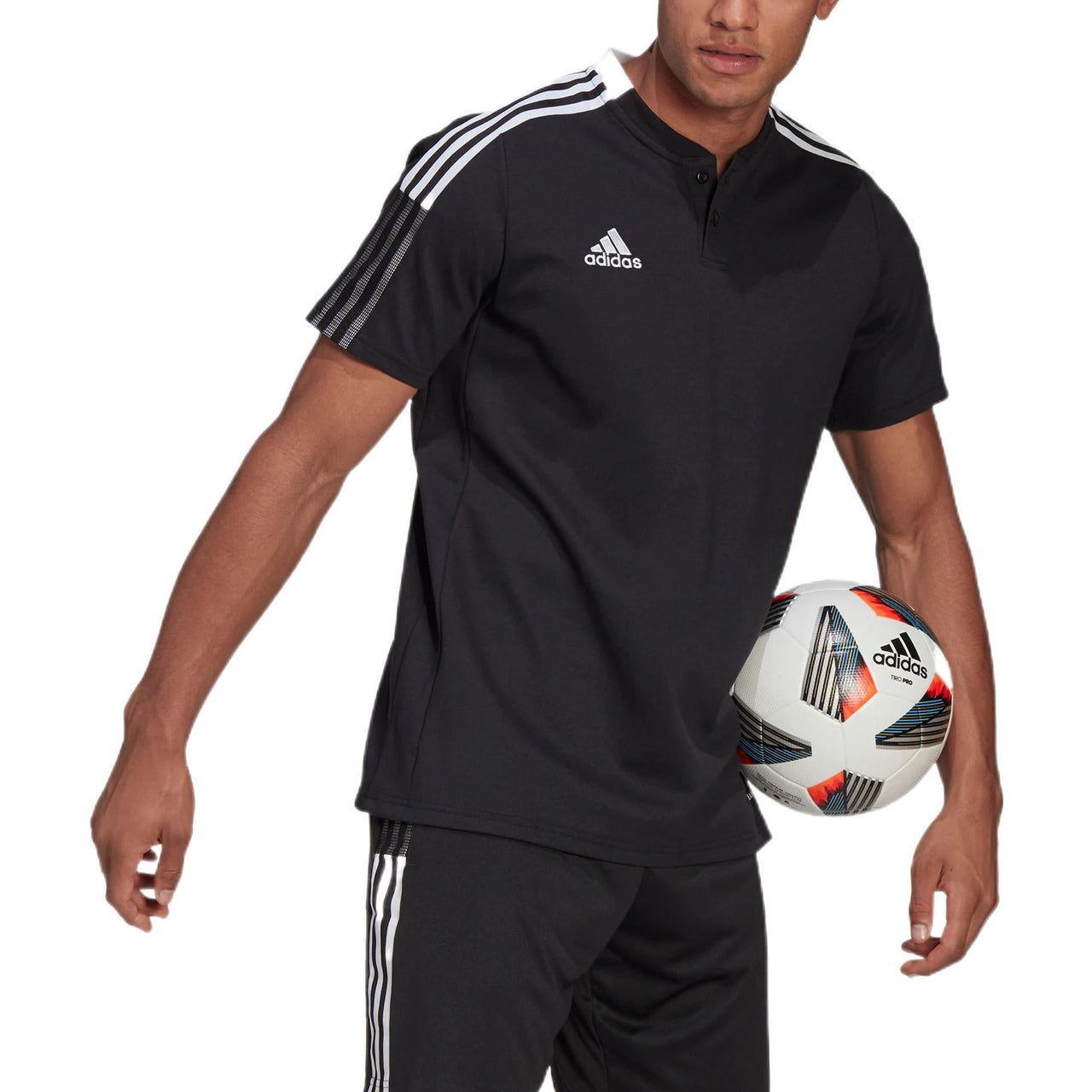 Men's adidas Logo Printing Pattern Stripe Lapel Short Sleeve Black Polo Shirt GM7367