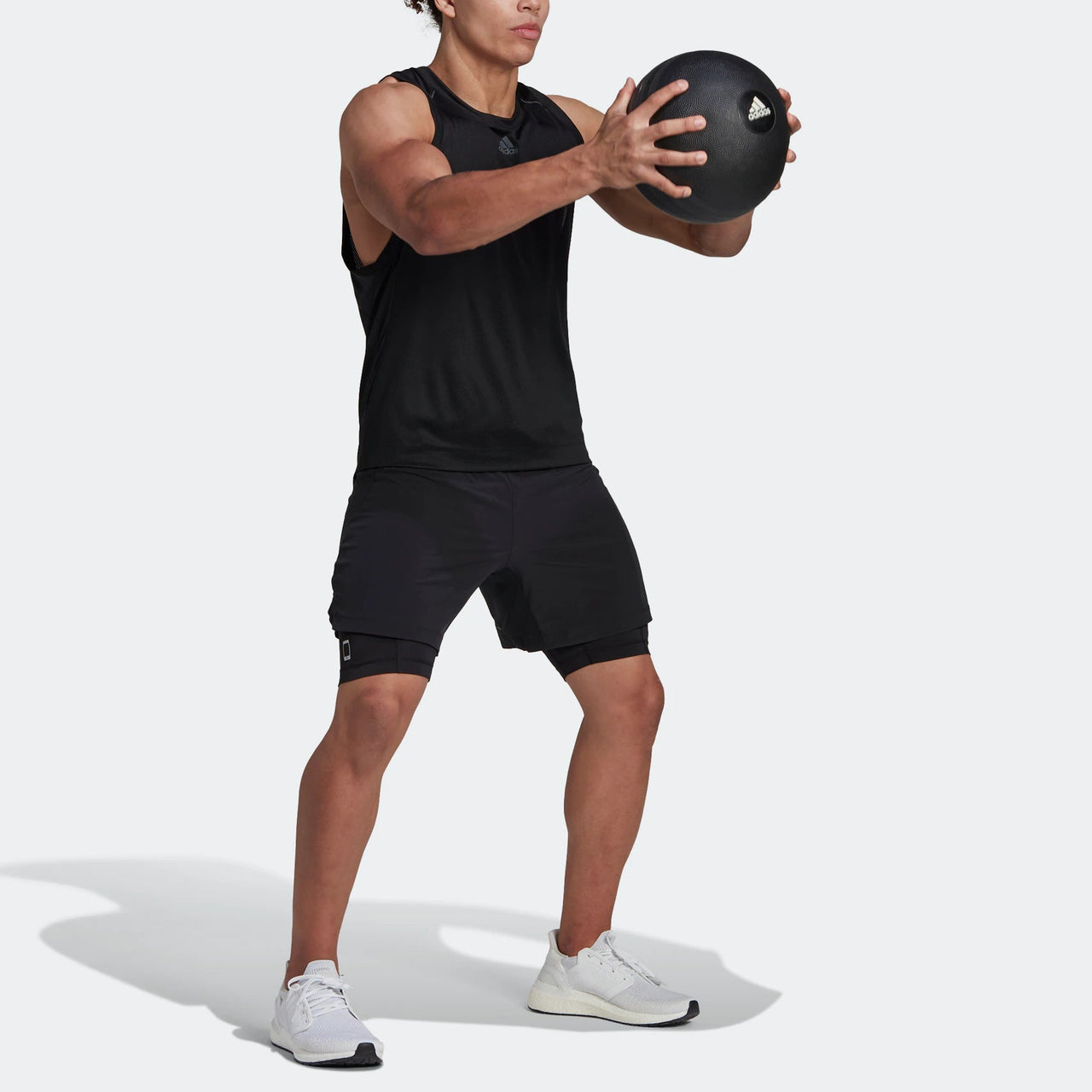 Men's adidas Hiit Spin Sho 2 In 1 Leggings Elastic Waistband Sports Shorts Black HR3772
