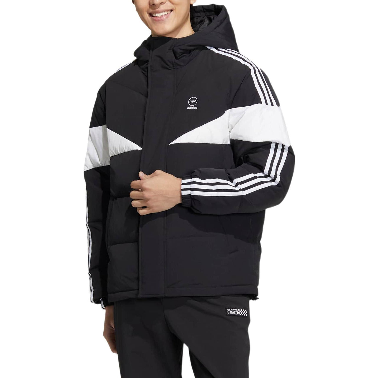 adidas Neo Cb Down Puff Colorblock Stripe Sports hooded With Down Feather Jackets 'Black' HN7203