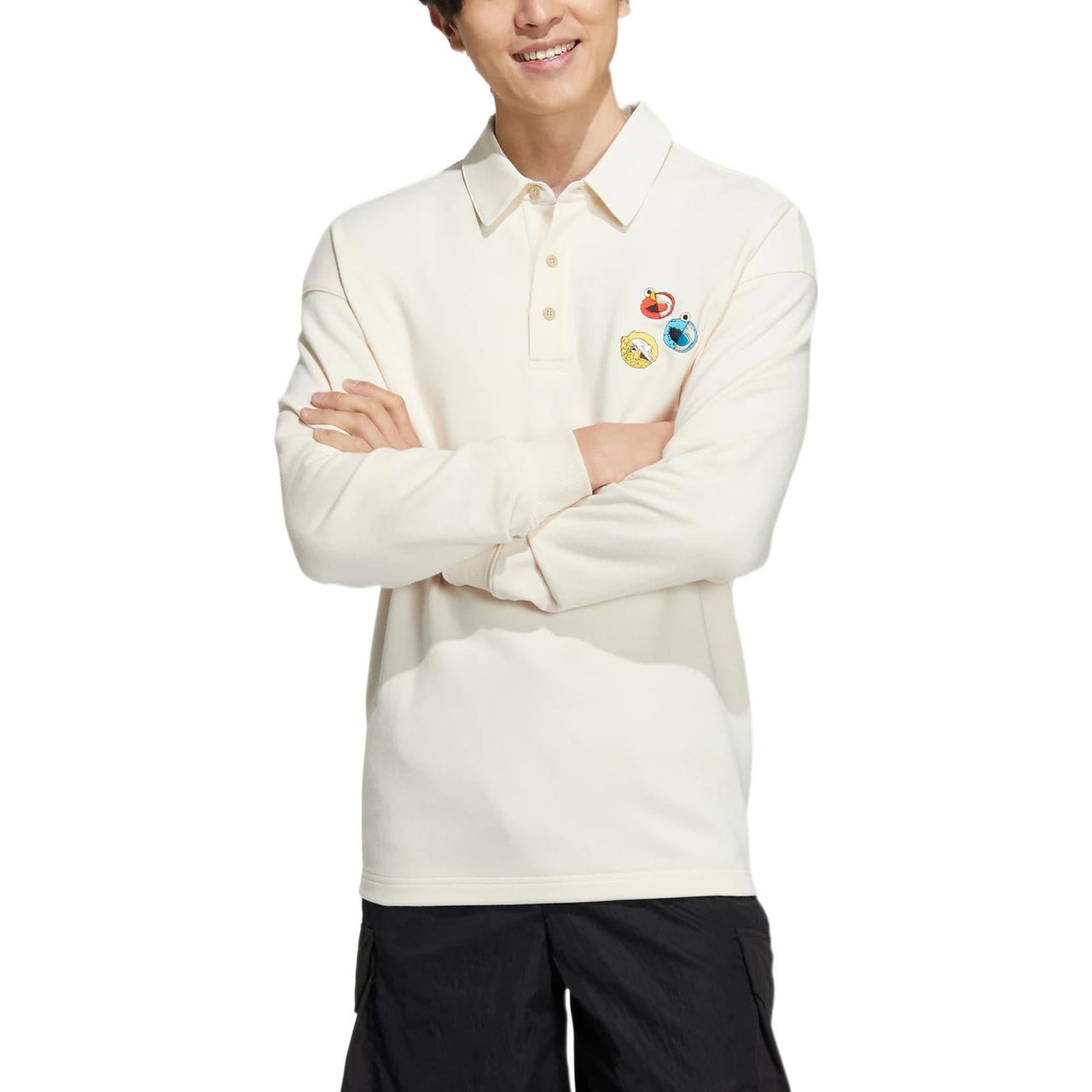 adidas neo x SESAME STREET x JF Crossover Back Logo Printing Pattern Lapel Long Sleeves White Polo Shirt HM9949