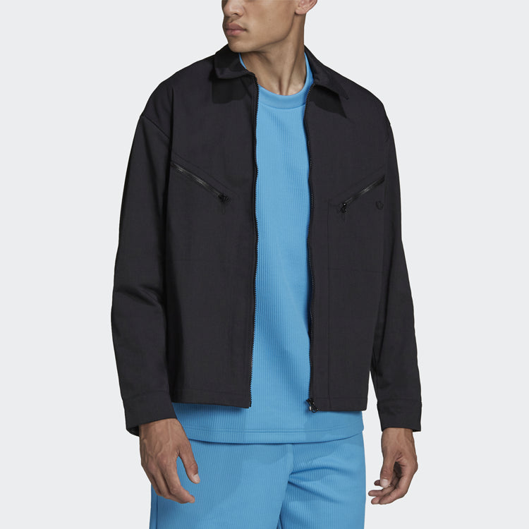 Men's adidas originals Logo Embroidered Solid Color Lapel Long Sleeves Sports Black Jacket HC4540