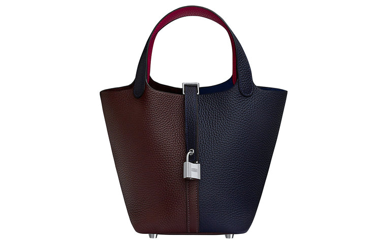 HERMES Picotin Lock Little Bull Leather Bucket Bag Handbag Women's Midnight Blue & Saddle Equipment Red & Raspberry Red