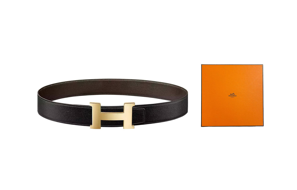 HERMES Constance Light Gold Buckle Box 135 Calfskin Double-Sided Leather Belt Men's Black/Ebony Width: 3.8cm