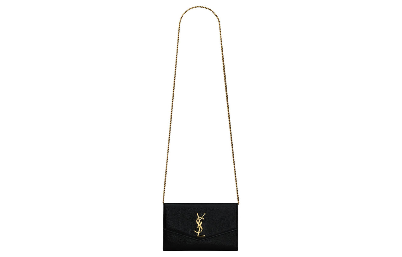 SAINT LAURENT UPTOWN Shiny Grained Leather Envelope Bag Wallets Shoulder Bag Crossbody Bag Mini Women's Black
