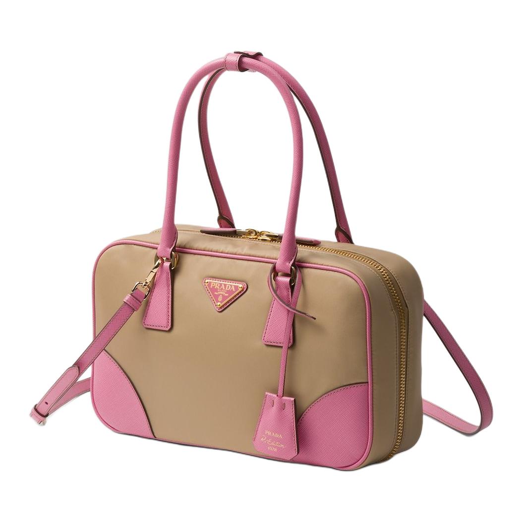 PRADA Re-Edition Nylon And Leather Shoulder Bag Crossbody Bag Handbag Medium Size Women's Camel & Pink