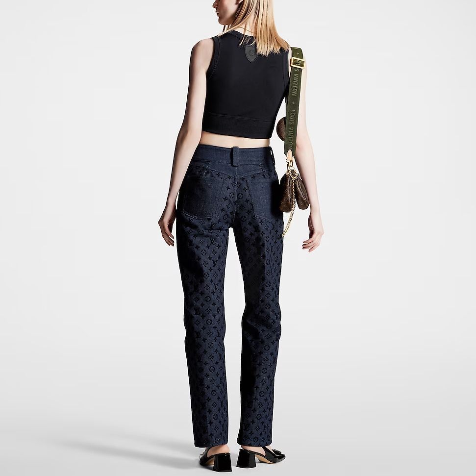 LOUIS VUITTON Flocked Monogram Denim Jeans Women's Black