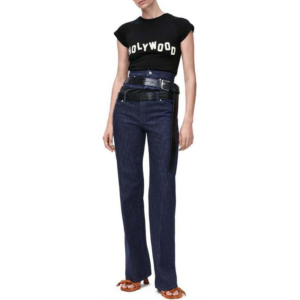 LOEWE Solid Color Logo Letter Print Short Sleeved Crew Neck Raglan T Shirt Women's Black