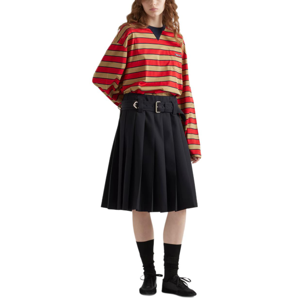 PRADA Logo Patch Striped Long Sleeved T Shirt