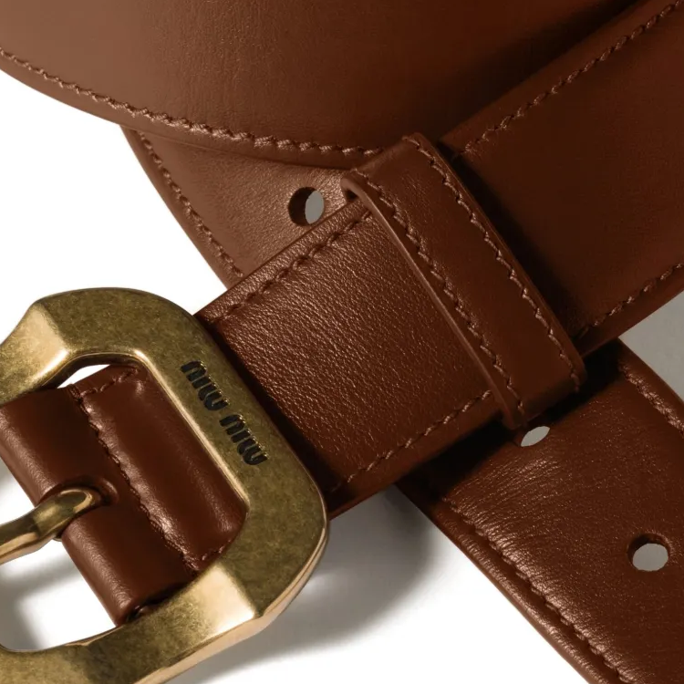 MIU MIU Calfskin Leather Belts Women's Brown Width  3.5cm