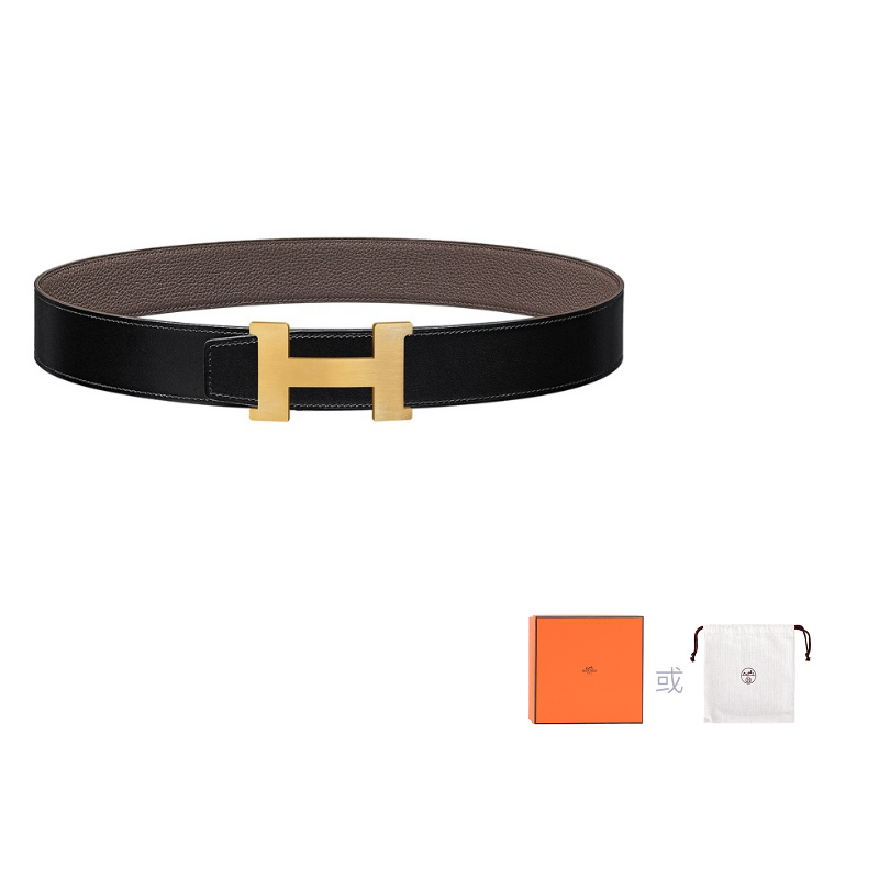 HERMES Cow Leather Leather Belts Men's Black/Tin Gray Width: 3.8cm