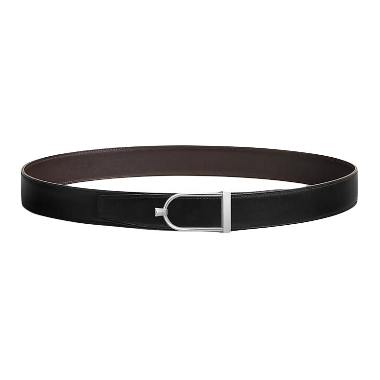 HERMES Metal Leather Belts Men's Black Width 3.2cm