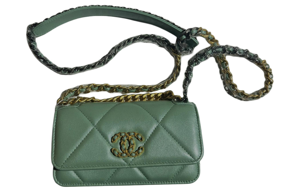 CHANEL 19Bag Shiny Lambskin Handbag Shoulder Bag Crossbody Bag Mini Women's Green