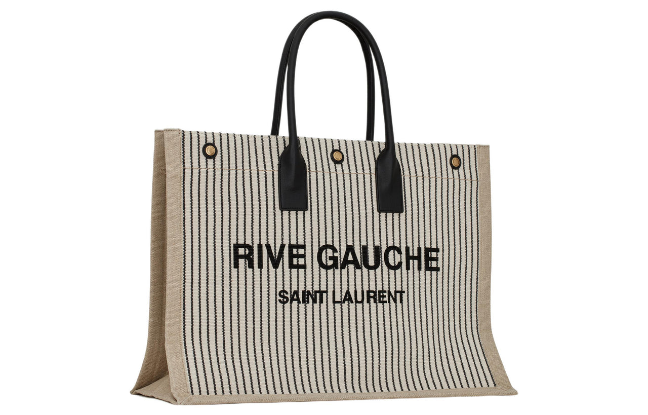 SAINT LAURENT Rive Gauche Fabric With Cow Leather Tote Bag, Shopping Bag, Handbag Unisex Cream Gray/Black