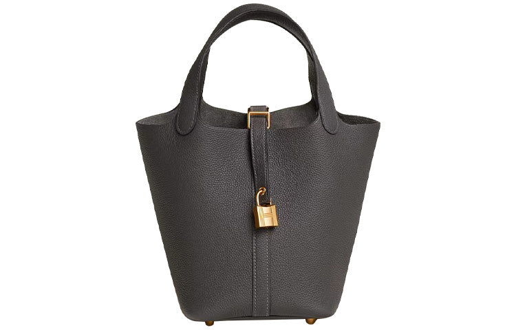 HERMES Little Bull Leather Basket Bag, Bucket Bag, Handbag 18 Women's 88 Graphite Gray