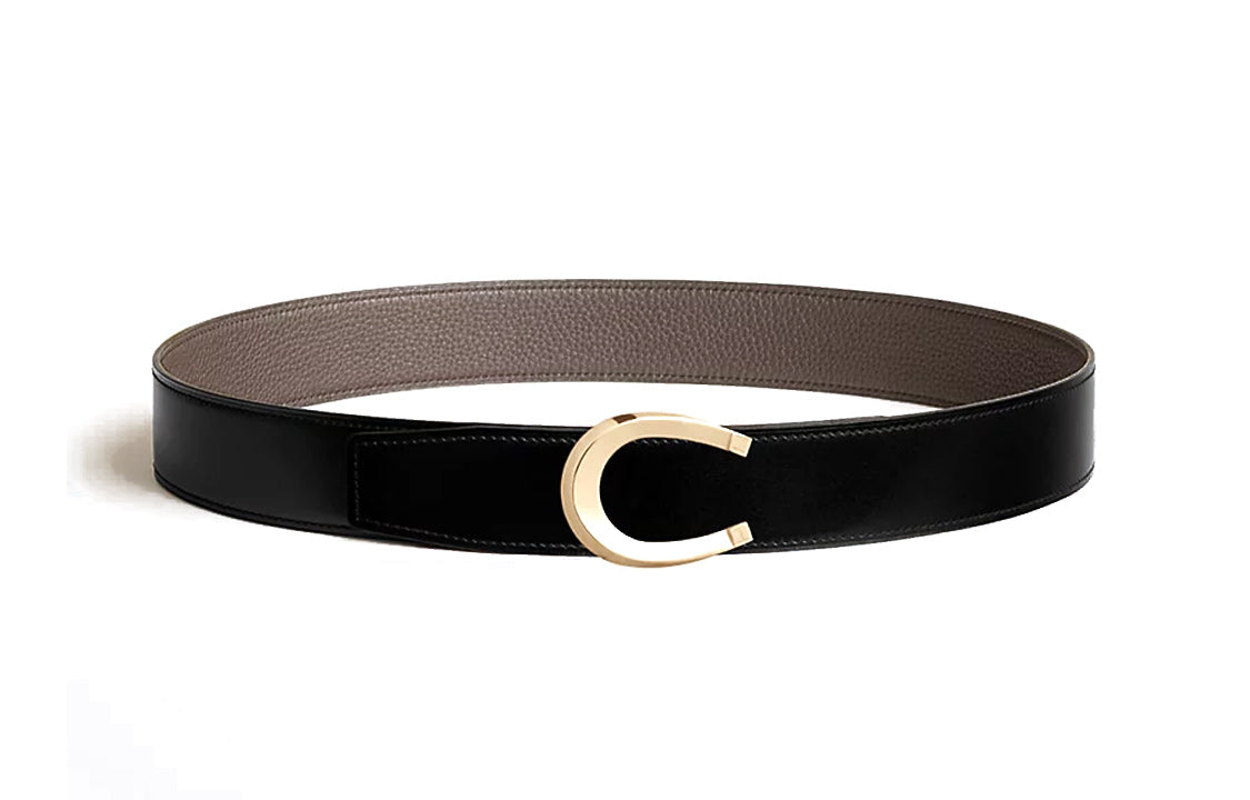 HERMES Calfskin Leather Belts Men's Black/Umber 3.8CM
