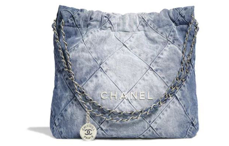 CHANEL 22Bag Distressed Denim Trash Bag Handbag Shoulder Bag Women's Washed Denim Blue
