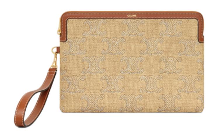 CELINE Triomphe Fabric With Calfskin Clutch Small Size Women's Natural & Silver