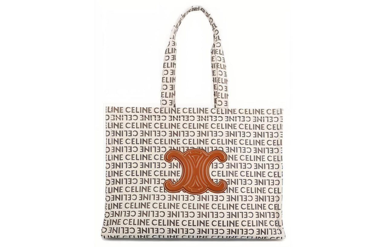 CELINE Fabric With Calfskin Tote Bag, Shopping Bag, Handbag Tubas Women's Beige/Brown