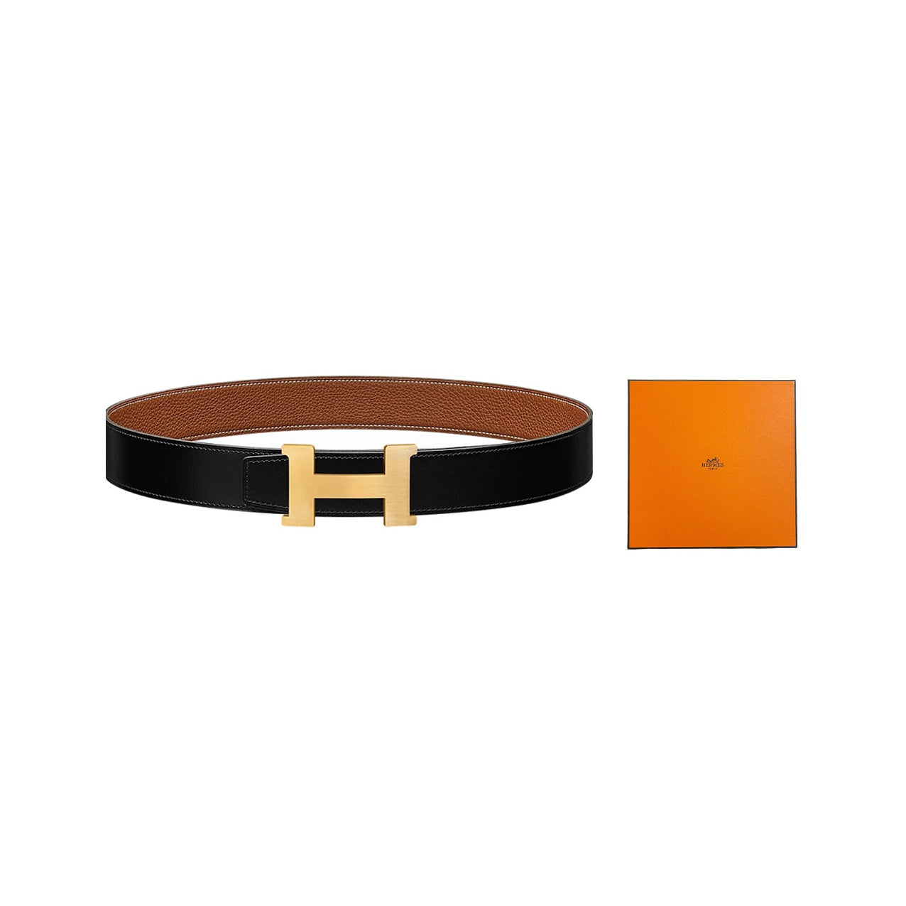 HERMES Togo Calfskin Leather Belts Men's Black/Gold Width 3.8cm