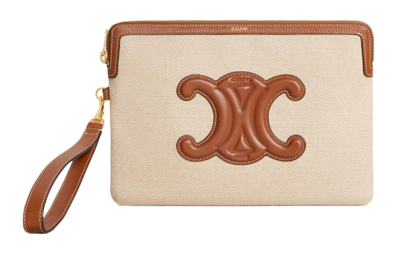 CELINE Fabric With Calfskin Trim Handbag Wrist Bag Clutch Small Size Women's Brown