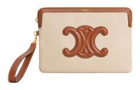 CELINE Fabric With Calfskin Trim Handbag Wrist Bag Clutch Small Size Women's Brown