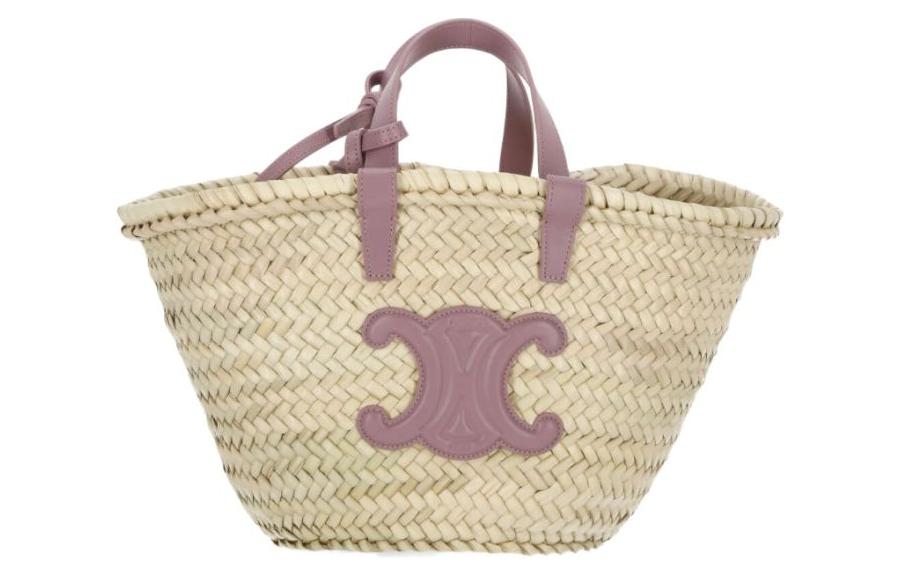 CELINE Palm Leaf With Cow Leather Binding Tote Bag, Shopping Bag, Basket, Handbag Women's Purple & Natural