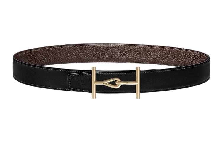 HERMES Gold Buckle Togo Calfskin Double-Sided Leather Belt Men's Black/Brown Width: 3.2cm