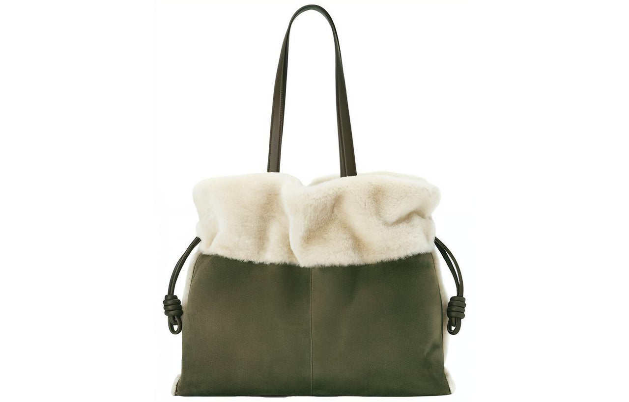 LOEWE Flamenco Wool Plush Bag, Handheld Crossbody Bag, Shoulder Bag Extra Large Women's Khaki Green