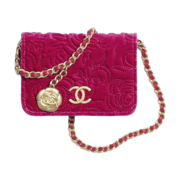 CHANEL WOC Velour Gold Coin Purse One Shoulder Crossbody Coin Purse Small Size Women's Peach Pink
