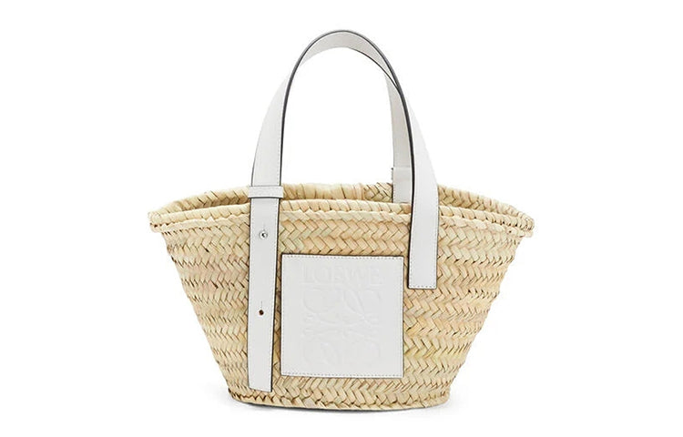 LOEWE Basket Bag In Palm Leaf And Calfskin Small Natural/White