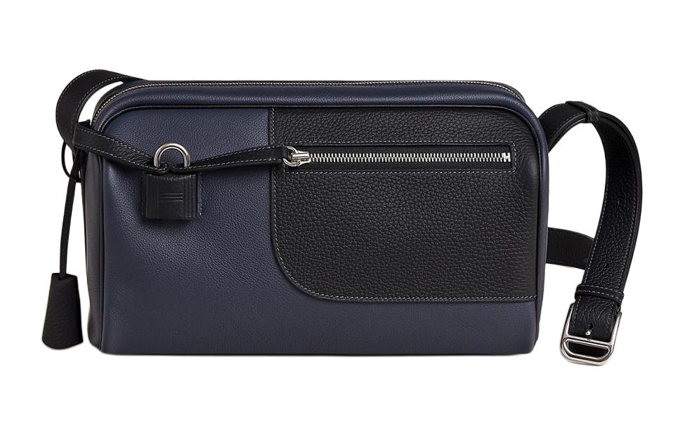 HERMES Evercolor Calfskin Combo Clemence Bullock Leather Crossbody Bag Shoulder Bag Men's 2Z Bleu Nuit Midnight Blue