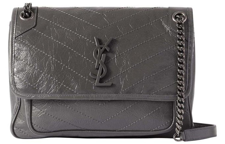 SAINT LAURENT Cow Leather Hobo Bag, Crossbody Bag, Shoulder Bag Medium Size Women's Gray White