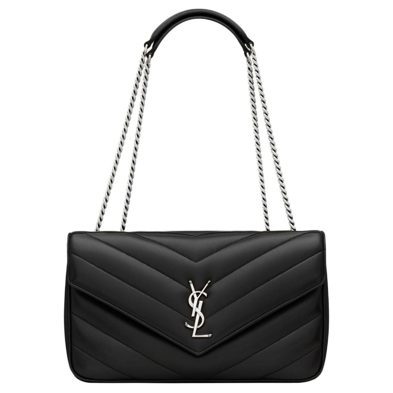 SAINT LAURENT LOULOU Lambskin Shoulder Bag Medium Size Women's Black