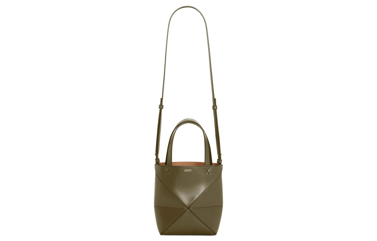 LOEWE Puzzle Fold Shiny Cow Leather Tote Bag, Shopping Bag, Handbag Mini Men's Dark Khaki Green